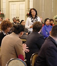 Health disparities forum //
Dr. Pamela Hamilton-Stubbs, a physician who specializes in sleep disorders and chair of the Henrico Branch NAACP health committee, raises concerns about the decreasing number of African-American physicians and the treatment of patients during a health disparities forum Dec. 7 in Downtown. The forum, which drew nearly 100 people, was co-sponsored by the Richmond Free Press and U.S. biopharmaceutical companies. 