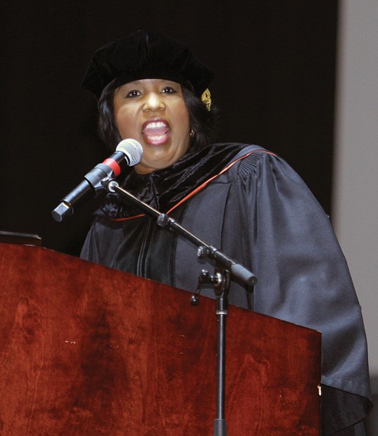 Commencement speaker Roslyn M. Brock offers advice to graduates during Virginia State University’s Fall Commencement ceremony on Sunday