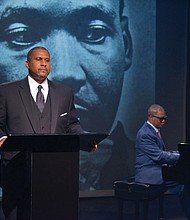 PBS broadcaster and author Tavis Smiley, left, and renowned jazz pianist Marcus Roberts rehearse for the multimedia stage production, “Death of a King: A Live Theatrical Experience,” that will be in Richmond on March 22. 
