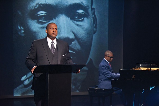 PBS broadcaster and author Tavis Smiley, left, and renowned jazz pianist Marcus Roberts rehearse for the multimedia stage production, “Death of a King: A Live Theatrical Experience,” that will be in Richmond on March 22. 
