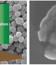 Rice University materials scientists synthesized spherical, porous nanoparticles of calcium and silicate, formed films and pellets and tested their toughness under pressure from a nanoindenter. They found films made of larger particles approaching 500 nanometers were much tougher and the films and pellets less prone to cracking under pressure. At right, small particles are deformed after nanoindentation. (Credit: Multiscale Materials Laboratory/Rice University)