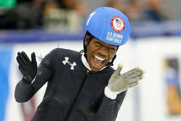 Maame Biney reacts after winning women’s 500-meter during the U.S. Olympic short track speedskating trials Dec. 16, 2017, in Kearns, Utah. (AP Photo/Rick Bowmer)