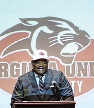 New Panthers football Coach Alvin Parker greets supporters at a news conference Monday announcing his appointment at Virginia Union University.