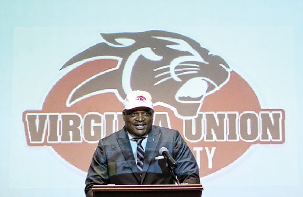 New Panthers football Coach Alvin Parker greets supporters at a news conference Monday announcing his appointment at Virginia Union University.