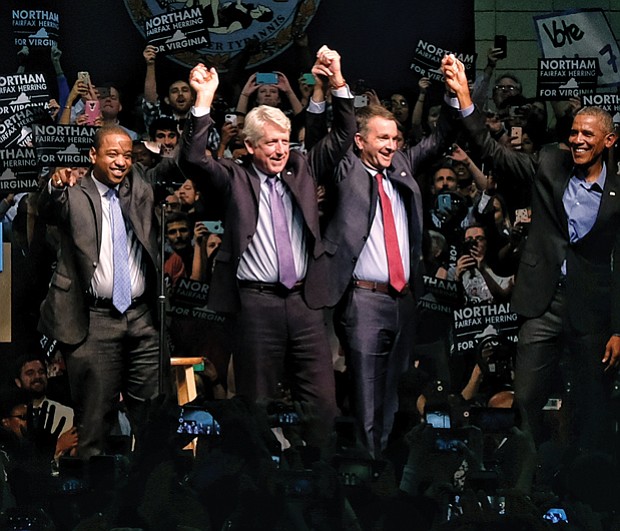 Former President Barack Obama energizes the crowd during a campaign appearance in Richmond with Virginia’s Democratic ticket candidates, from left, Justin Fairfax, lieutenant governor; Mark Herring, attorney general; and Ralph S. Northam, governor. Right, Virginia State University tailback Trenton “Boom” Cannon goes airborne for a touchdown in the Trojans’ nail-biting 40-39 victory over Virginia Union University on Nov. 4.