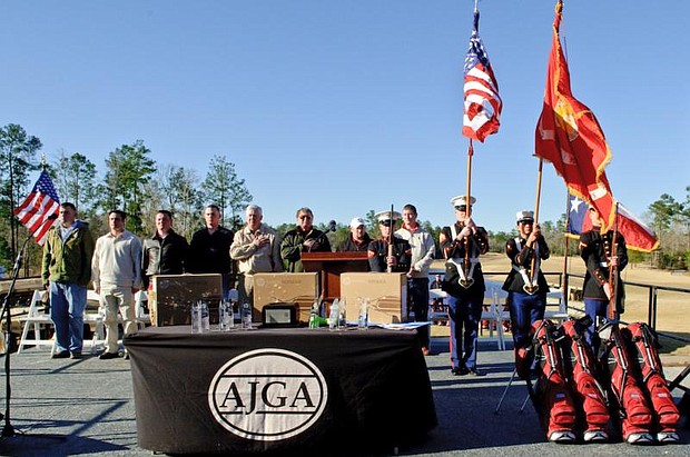The awards ceremony at last year's AJGA event stressed both pageantry and service. The bags bottom right are examples of those gifted to active military and veterans by the young competitors themselves.