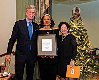 Michelle Flowers Welch, founder and CEO of Flowers Communications Group, accepts the 2017 Distinguished Senior Leader Award by the Public Relations Society of America Chicago Chapter alongside event co-chairs Rich Jernstedt, CEO of The Jernstedt Company and Bridget Coffing, formerly of McDonald’s.