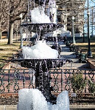 Cityscape // This usually bubbling fountain spotted Tuesday in Capitol Square offers icy evidence of the brutal cold that has gripped Richmond and much of the East Coast in recent days. Happily, a thaw is on the way. According to the National Weather Service, warming temperatures will arrive Sunday, sending daytime highs above the freezing mark. By next Monday, the forecast calls for the high to leap to around 50, although with a chance of evening rain. Daytime high temperatures are expected to be in the 40s most of next week, according to weather forecasts, with nights continuing to be cold. Looking even further ahead, Inauguration Day is expected to be relatively warm but potentially wet for incoming Gov. Ralph S. Northam. The high is forecast to be around 50, with a 50 percent chance of showers as he takes the oath of office at noon Saturday, Jan. 13, on the south steps of the Capitol.  