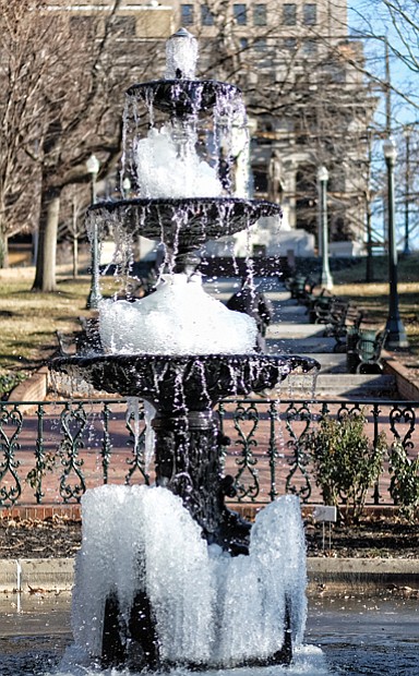 Cityscape // This usually bubbling fountain spotted Tuesday in Capitol Square offers icy evidence of the brutal cold that has gripped Richmond and much of the East Coast in recent days. Happily, a thaw is on the way. According to the National Weather Service, warming temperatures will arrive Sunday, sending daytime highs above the freezing mark. By next Monday, the forecast calls for the high to leap to around 50, although with a chance of evening rain. Daytime high temperatures are expected to be in the 40s most of next week, according to weather forecasts, with nights continuing to be cold. Looking even further ahead, Inauguration Day is expected to be relatively warm but potentially wet for incoming Gov. Ralph S. Northam. The high is forecast to be around 50, with a 50 percent chance of showers as he takes the oath of office at noon Saturday, Jan. 13, on the south steps of the Capitol.  