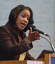 Roslyn M. Brock, chair emeritus of the national NAACP, sparks the crowd with her message during Monday’s Emancipation Proclamation Day Worship Service at Fifth Baptist Church. 