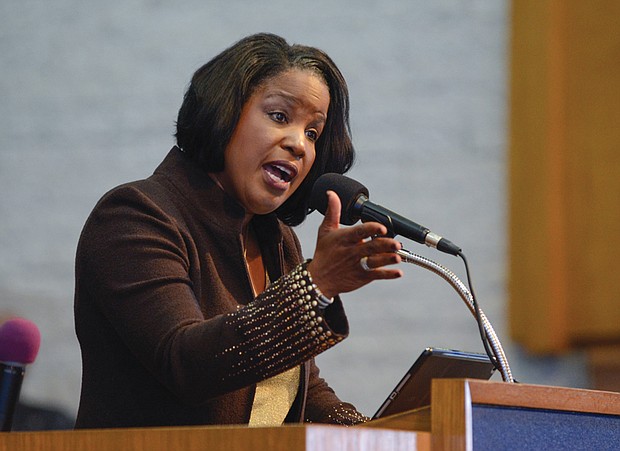 Roslyn M. Brock, chair emeritus of the national NAACP, sparks the crowd with her message during Monday’s Emancipation Proclamation Day Worship Service at Fifth Baptist Church. 