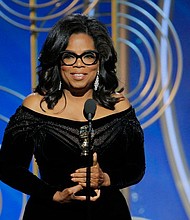 Oprah Winfrey, Winner, Cecil B. Demille Award at the 75th Annual Golden Globe Awards held at the Beverly Hilton Hotel on January 7, 2018 — (Photo by: Paul Drinkwater/NBC)