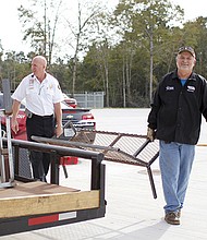 (from left to right: Conroe Fire Chief Ken Kreger and LSC-Conroe Center Professor Bobby Pecore) Welding faculty from Lone Star College-Conroe Center deliver donated prop furniture designed and built by welding students for the new seven-story City Of Conroe Fire Training Facility.