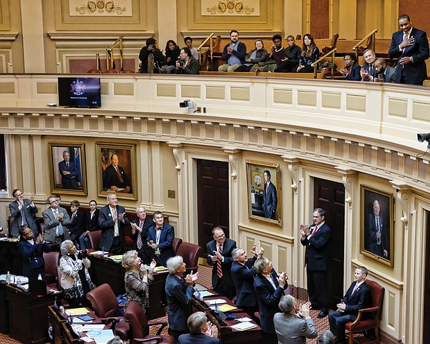 Virginia’s 40 senators start the new session with a standing ovation for Justin Fairfax, upper right, the soon-to-be lieutenant governor. He will be on the floor next week after he is inaugurated as the Senate’s presiding officer, replacing current Lt. Gov. Ralph Northam, who moves up to governor.