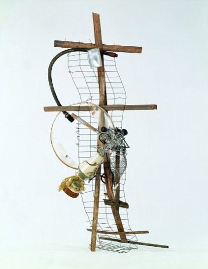 “No Light on the Crosses” (1994). Lonnie Holley, American, born 1950. Wood, metal fencing, headlight, ceramic lamp, electrical cords, ice cream scooper, metal drain cover, wire, drill bit, rope, and drum head. (© Lonnie Holley/Artists Rights Society [ARS], New York. Philadelphia Museum of Art, museum purchase, and gift of the Souls Grown Deep Foundation from the William S. Arnett Collection, 2017. (RON LEE/THE SILVER FACTORY.)