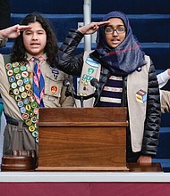 Members of the ADAMS Center Muslim Boy and Girl Scouts and Cub Scouts of Dulles led the inaugural crowd in the Pledge of Allegiance.