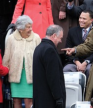 Among the crowd of dignitaries Saturday was former Gov. L. Douglas Wilder, right, who enjoys a laugh with two other former governors and their wives, A. Linwood Holton, far left, and his wife, Jinx, and their daughter and son-in-law, Anne Holton and U.S. Sen. Tim Kaine.