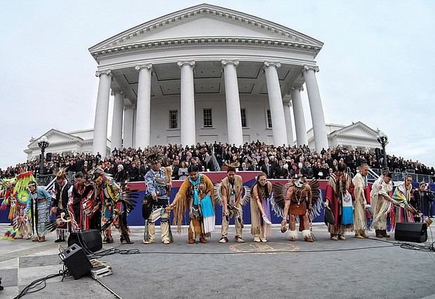 Members of 11 of Virginia’s Native American tribes perform a blessing for the new governor during the ceremony outside the South Portico of the Capitol. 