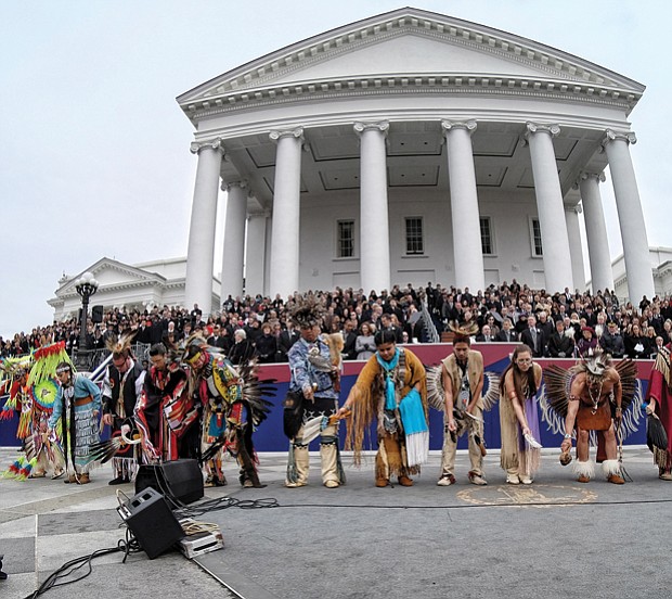 Members of 11 of Virginia’s Native American tribes perform a blessing for the new governor during the ceremony outside the South Portico of the Capitol. 