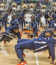 The VSU Trojan Explosion Marching Band takes over the floor during Sunday’s halftime show.
