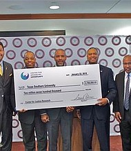 TSU Provost Kendall Harris, Ph.D.; Oliver Bell, TSU Board of Regents; Dr. Howard Henderson, TSU President Austin A. Lane, Gerard Robinson, Dr. Harry Williams, Houston District Attorney Kim Ogg, Dr. John Hardin, Charles Koch Foundation.