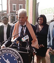 Former state Sen. Henry L. Marsh III, who attended George Mason Elementary School in the 1940s and became Richmond’s first African-American mayor in 1977, speaks in support of Mayor Levar M. Stoney’s plan to increase the city’s meals tax to upgrade city school buildings. With him at the Tuesday news conference in Shockoe Bottom are, from left, Interim 7th District School Board member Cheryl Burke; 7th District City Councilwoman Cynthia I. Newbille; his daughter, Nadine Marsh-Carter, a former Richmond School Board member; Southern Kitchen restaurant owner Shane Thomas; and Mayor Stoney.