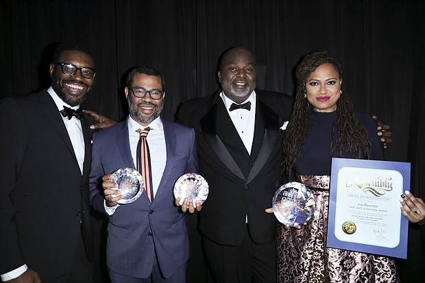 AAFCA Co-Founder Shawn Edwards, Jordan Peele, AAFCA Co-Founder Gil Robertson and Ava DuVernay at the 9th Annual AAFCA Awards./credit Sheri Determan.