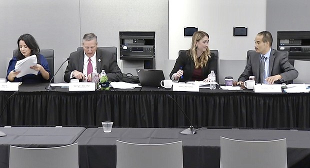 Chairman Garnet Coleman begins the County Affairs hearing on February 6, 2018. From left to right: Representative Victoria Neave (D-Dallas), Vice-Chairman Drew Springer (R-Muenster), Committee Director Kelsey Bernstein, and Chairman Coleman.