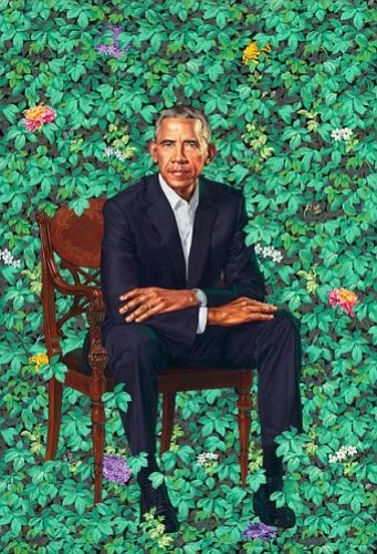 Kehinde Wiley has set Mr. Obama against greenery, with flowers that have symbolic meaning: African blue lilies for Kenya, his father’s birthplace; jasmine for Hawaii, where Mr. Obama was born; chrysanthemums, the official flower of Chicago, for the city where his political career began. (Credit: Kehinde Wiley)