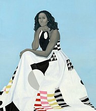 Amy Sherald’s take on Mrs. Obama emphasizes an element of couturial spectacle (with a dress designed by Michelle Smith) and rock-solid cool. (Credit:  Amy Sherald)