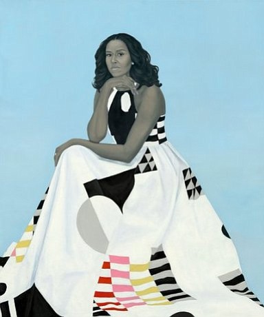 Amy Sherald’s take on Mrs. Obama emphasizes an element of couturial spectacle (with a dress designed by Michelle Smith) and rock-solid cool. (Credit:  Amy Sherald)
