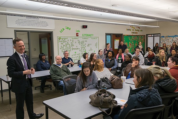Broad Rock Elementary School’s faculty and staff exchange ideas, concerns and a few laughs at an early morning meeting at the school on Feb. 9 with new Superintendent Jason Kamras.