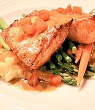 Lakeway Resort and Spa's Travis Restaurant's oven roasted salmon paired with mashed potatoes and asparagus