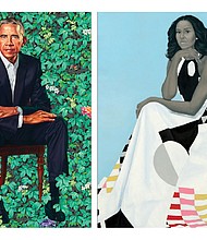 The portrait of former President Barack Obama by artist Kehinde Wiley is about 7 feet tall. In her portrait, above, by artist Amy Sherald, former First Lady Michelle Obama is wearing a flowing gown designed by Michelle Smith of Milly. 