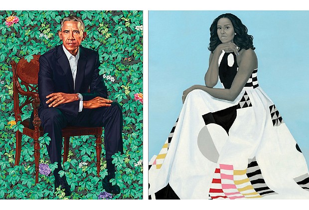The portrait of former President Barack Obama by artist Kehinde Wiley is about 7 feet tall. In her portrait, above, by artist Amy Sherald, former First Lady Michelle Obama is wearing a flowing gown designed by Michelle Smith of Milly.