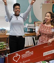 Houston ISD's Kellie Karavias celebrates her H-E-B Excellence in Education nomination