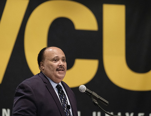 Martin Luther King III commends Florida students for their stand against gun violence and the impact of gun violence on his life during his talk Sunday at Virginia Commonwealth University. 