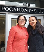 British actress Yasmine Hassabu, right, who will portray Pocahontas in the play, “Gravesend,” meets Sen. Jennifer L. McClellan last week outside the state office building off Capitol Square that bears the Virginia Indian woman’s name. 