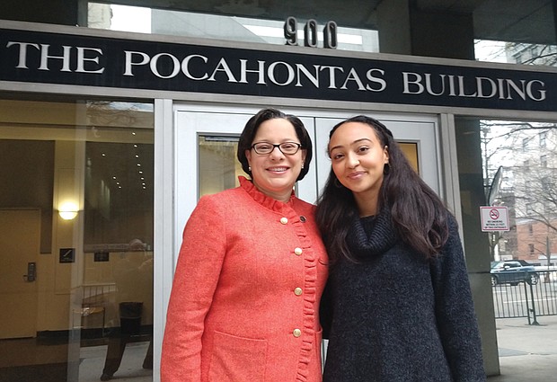 British actress Yasmine Hassabu, right, who will portray Pocahontas in the play, “Gravesend,” meets Sen. Jennifer L. McClellan last week outside the state office building off Capitol Square that bears the Virginia Indian woman’s name. 