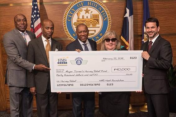 Photo caption: HMSHost and The Houston 8 Team LLC presenting a $40,000 grant to Houston Mayor Sylvester Turner on behalf of HMSHost Foundation. Pictured from left to right: The Houston 8 Team Partner Lynden Rose; The Houston 8 Team Partner Gerald Womack; Houston Mayor Sylvester Turner; The Houston 8 Team LLC Managing Partner Cindy Clifford; and HMSHost Vice President of Business Development Anthony Alessi.