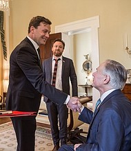 Governor Greg Abbott greeting Danish Ambassador to the United States Lars Lose 
