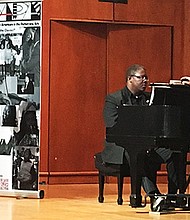 CAAPA Master Class Series at Morgan State University featuring student baritone Christian Isaiah Simmons (rt), Music Master soprano N’Kenge (far left), and CAAPA Artistic Director Dr. Lester on piano.