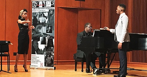 CAAPA Master Class Series at Morgan State University featuring student baritone Christian Isaiah Simmons (rt), Music Master soprano N’Kenge (far left), and CAAPA Artistic Director Dr. Lester on piano.