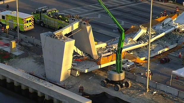 Drone captures scene where a pedestrian bridge collapsed at Florida International University in Miami.