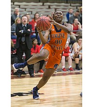 Virginia State University’s Aja Robertson goes up for a basket in last Friday’s game against Edinboro University of Pennsylvania at Barco-Stevens Hall on Virginia Union University’s campus.