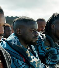Marvel Studios’ BLACK PANTHER L to R: Erik Killmonger (Michael B. Jordan) and W’Kabi (Daniel Kaluuya) with some of his border tribesman. Ph: Film Frame ©Marvel Studios 2018