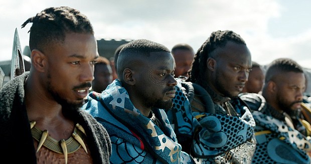 Marvel Studios’ BLACK PANTHER L to R: Erik Killmonger (Michael B. Jordan) and W’Kabi (Daniel Kaluuya) with some of his border tribesman. Ph: Film Frame ©Marvel Studios 2018