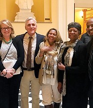 The late Henrietta Lacks was honored by the Virginia General Assembly in February. At the State Capitol for the tribute are, from left, Mrs. Lacks’ granddaughter, Jerri Lacks; Halifax Mayor Kristy Johnson; Matt Leonard, executive director of the Halifax County Industrial Development Authority; Adele Newson-Horst, vice president of the Henrietta Lacks Legacy Group; Courtney Speed of Turner Station, Md.; and family member David Lacks.