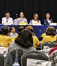 Sandra Sellars/Richmond Free Press
Women’s health: Mind, body and spirit
Health professionals offer guidance on their approach to long-term good health during “A Holistic Approach to Women’s Heath,” an inaugural women’s health summit held Saturday at Virginia Union University. The event was sponsored by the National Coalition of 100 Black Women’s Richmond Metropolitan Area Chapter, and brought together medical experts, psychologists, a wellness coach and spiritual leaders to focus on the issues that affect women’s overall well-being. Actor Daphne Maxwell Reid, right, served as moderator. Panelists included, from left, Dr. Daphne Bazile-Harrison, an obstetrician-gynecologist; Dr. Lisa Bennett, optometrist; Dr. Wakeshi Benson, dentist-orthodontist; Dr. Brenda Bradley, certified integrative nutrition life coach; Dr. Kate DiPasquale, family medicine physician; Dr. Sylvia Gonsahn-Bollie, internal medicine; Dr. Sasa-Grae Espino, oncologist; and Dr. Yvonne Knight, dermatologist.