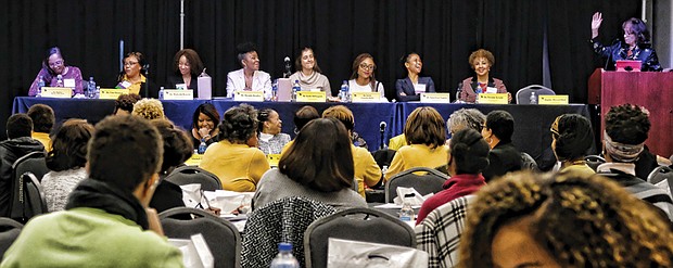 Sandra Sellars/Richmond Free Press
Women’s health: Mind, body and spirit
Health professionals offer guidance on their approach to long-term good health during “A Holistic Approach to Women’s Heath,” an inaugural women’s health summit held Saturday at Virginia Union University. The event was sponsored by the National Coalition of 100 Black Women’s Richmond Metropolitan Area Chapter, and brought together medical experts, psychologists, a wellness coach and spiritual leaders to focus on the issues that affect women’s overall well-being. Actor Daphne Maxwell Reid, right, served as moderator. Panelists included, from left, Dr. Daphne Bazile-Harrison, an obstetrician-gynecologist; Dr. Lisa Bennett, optometrist; Dr. Wakeshi Benson, dentist-orthodontist; Dr. Brenda Bradley, certified integrative nutrition life coach; Dr. Kate DiPasquale, family medicine physician; Dr. Sylvia Gonsahn-Bollie, internal medicine; Dr. Sasa-Grae Espino, oncologist; and Dr. Yvonne Knight, dermatologist.